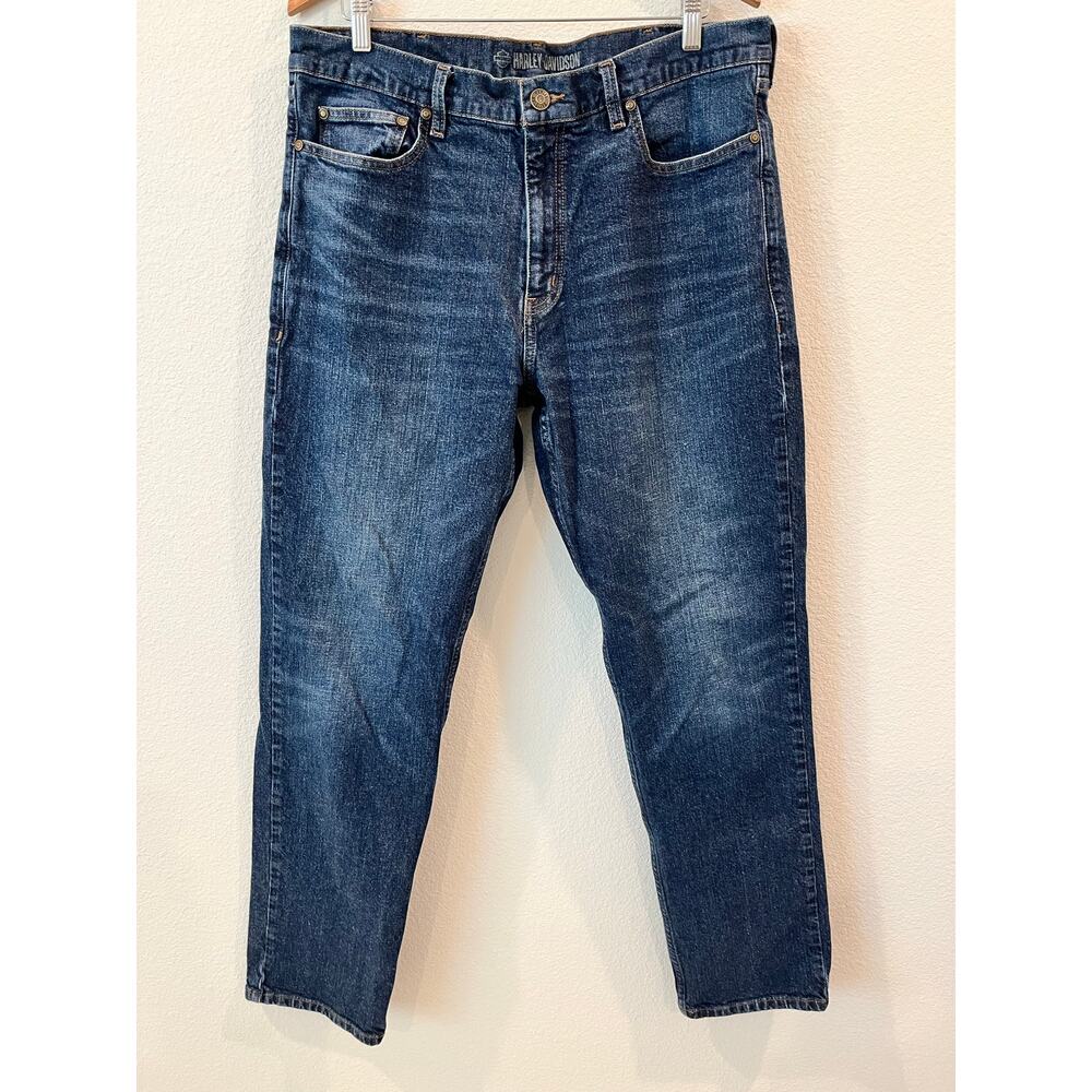 Harley Davidson Mens Straight Jean in Dark Wash Denim Biker GUC | Size 38x34